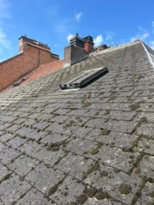 Écrivez une description claire de l'image, par exemple : Toiture inclinée très moussée avec une fenêtre de toit à Etterbeek Bruxelles